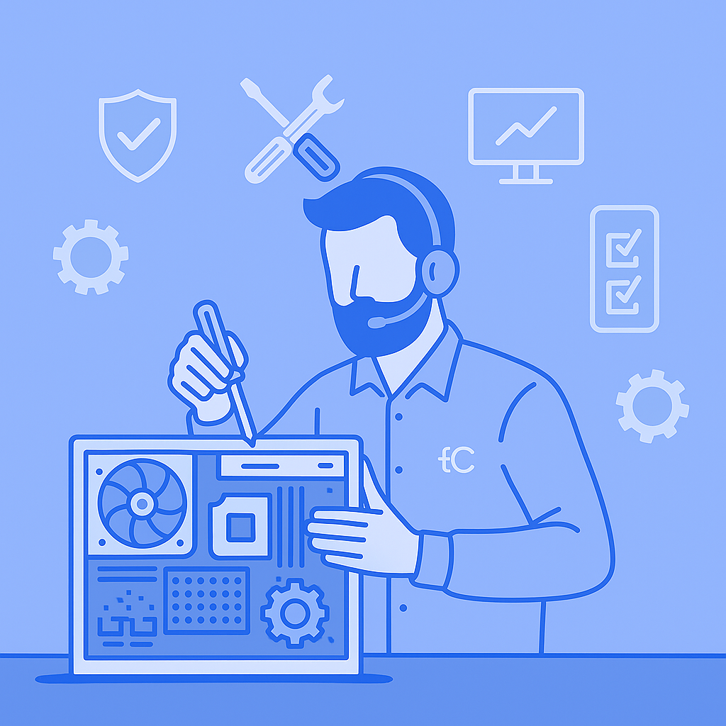 Técnico informático realizando mantenimiento en un equipo de oficina, sobre fondo azul con iconos tecnológicos.